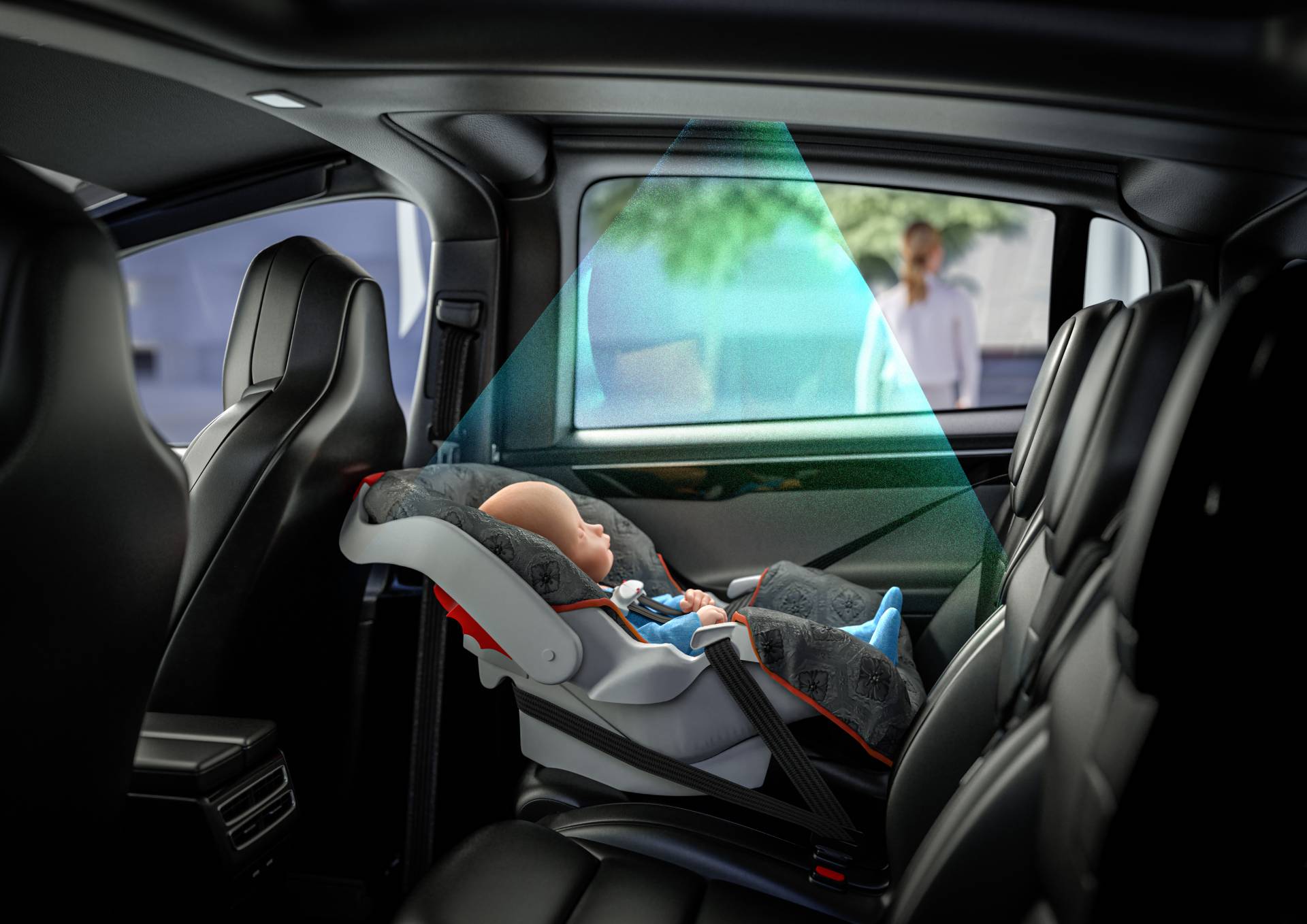 View from the outside of a car with a child seat in the back and UWB satellites for Child Presence Detection.
