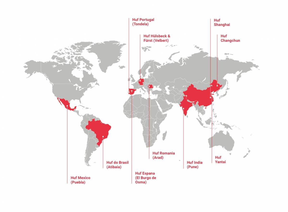 Map showing worldwide lock set production sites of huf