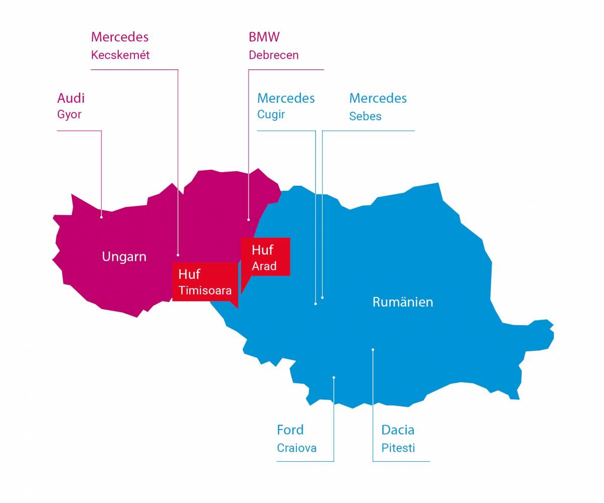 Map shows Huf in Arad and Timisoara close to Ford and Mercedes in Romania and BMW and Audi in Hungary
