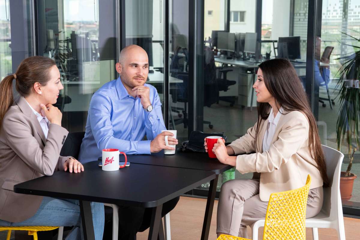 Coffee drinking people at Huf office in Timisoara 