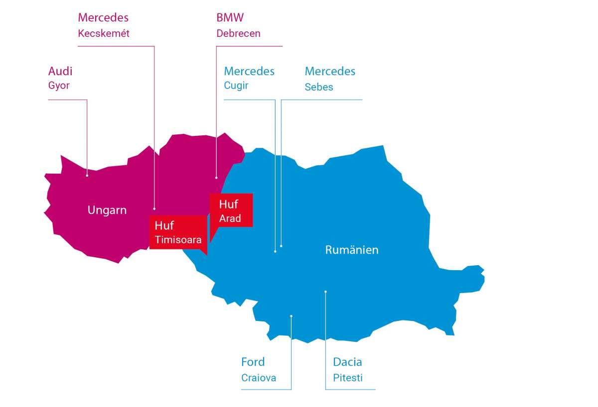 Map showing production plants of car makers in Hungary and Romania Eastern Europe