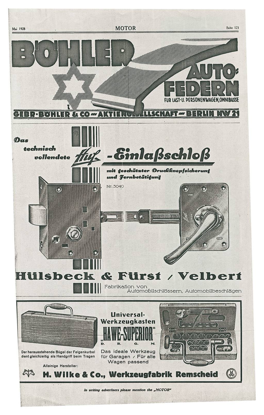 Huf advertisement Motor Zeitung 1928