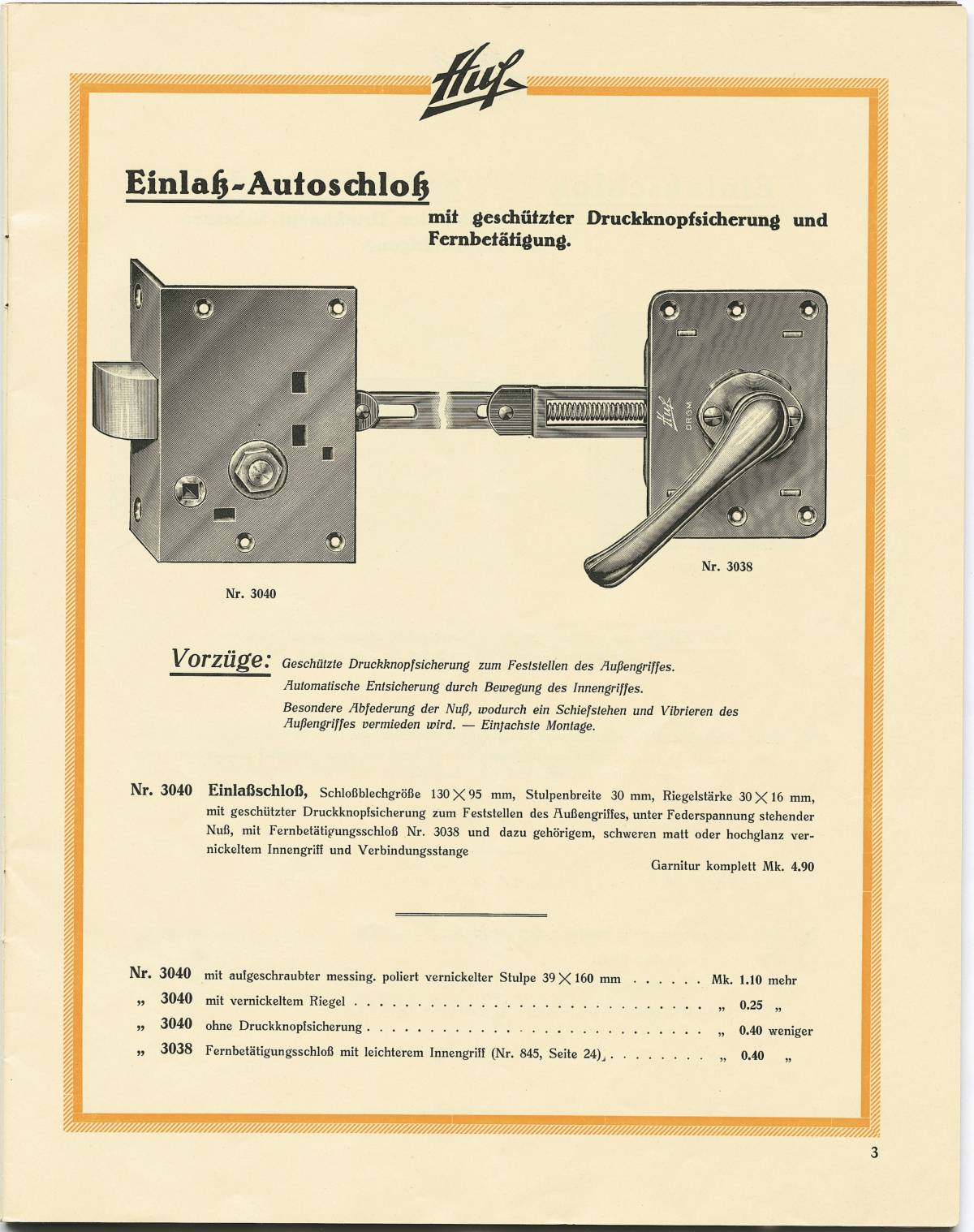 Huf advertisement side door lock with remote control 1929