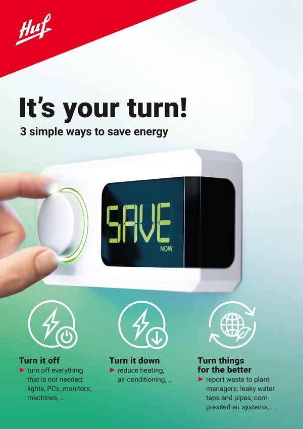 Poster Huf sustainability and energy saving campaign, hand turning a thermostat