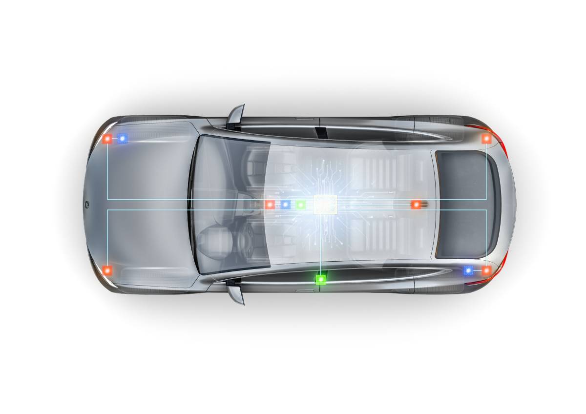 Top view of a car with UWB and BLE satellites. How Huf Phone as a Key works.